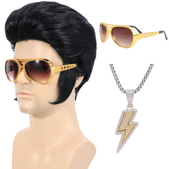 Conjunto de 4 peças: Peruca estilo Rock dos anos 50 com óculos de sol e colar para homens Conjunto de 4 peças: Peruca estilo Rock dos anos 50 com óculos de sol e colar para homens