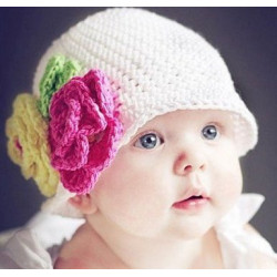 Touca Chapéu de Crochê Branca com Flores Bebês
