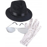 Kit Michael Jackson com Luvas de Lantejoulas Prateadas Óculos e Chapéu