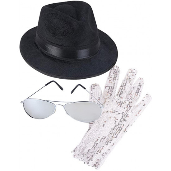 Kit Michael Jackson com Luvas de Lantejoulas Prateadas Óculos e Chapéu Kit Michael Jackson com Luvas de Lantejoulas Prateadas Óculos e Chapéu