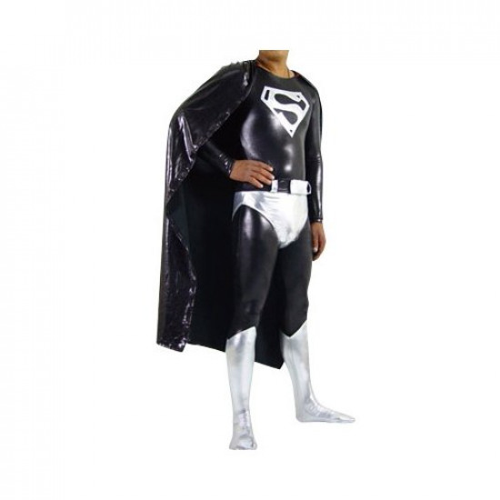 Fantasia Adulto Superboy Super Homem Spandex Prata e Preto