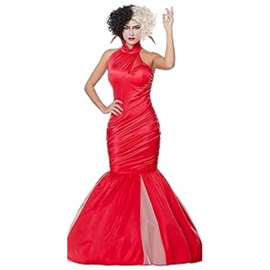 Fantasia Adulto Cruela Longo Vermelho Clássico Fantasia Adulto Cruela Longo Vermelho Clássico